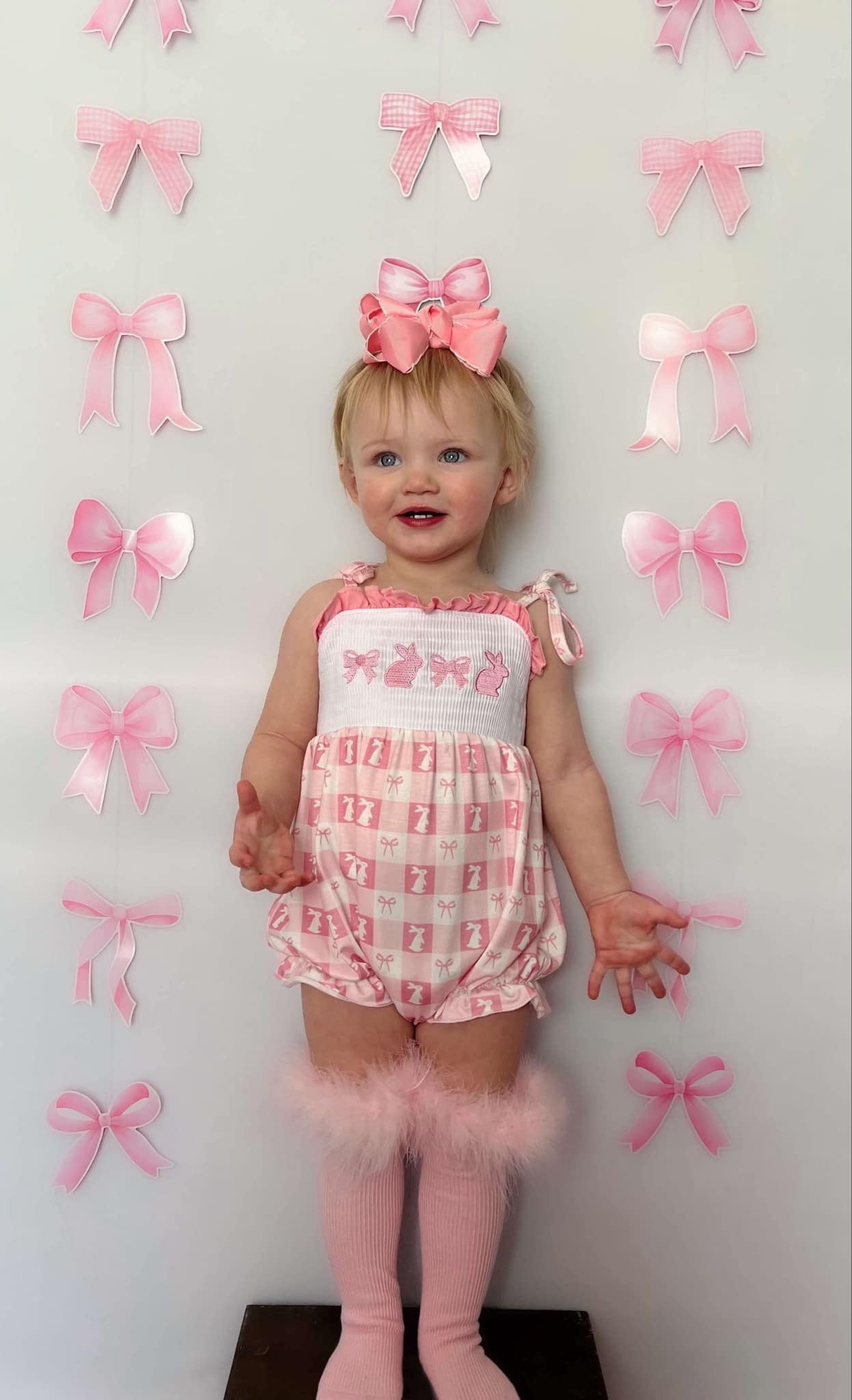 Smocked bunny bows tie romper