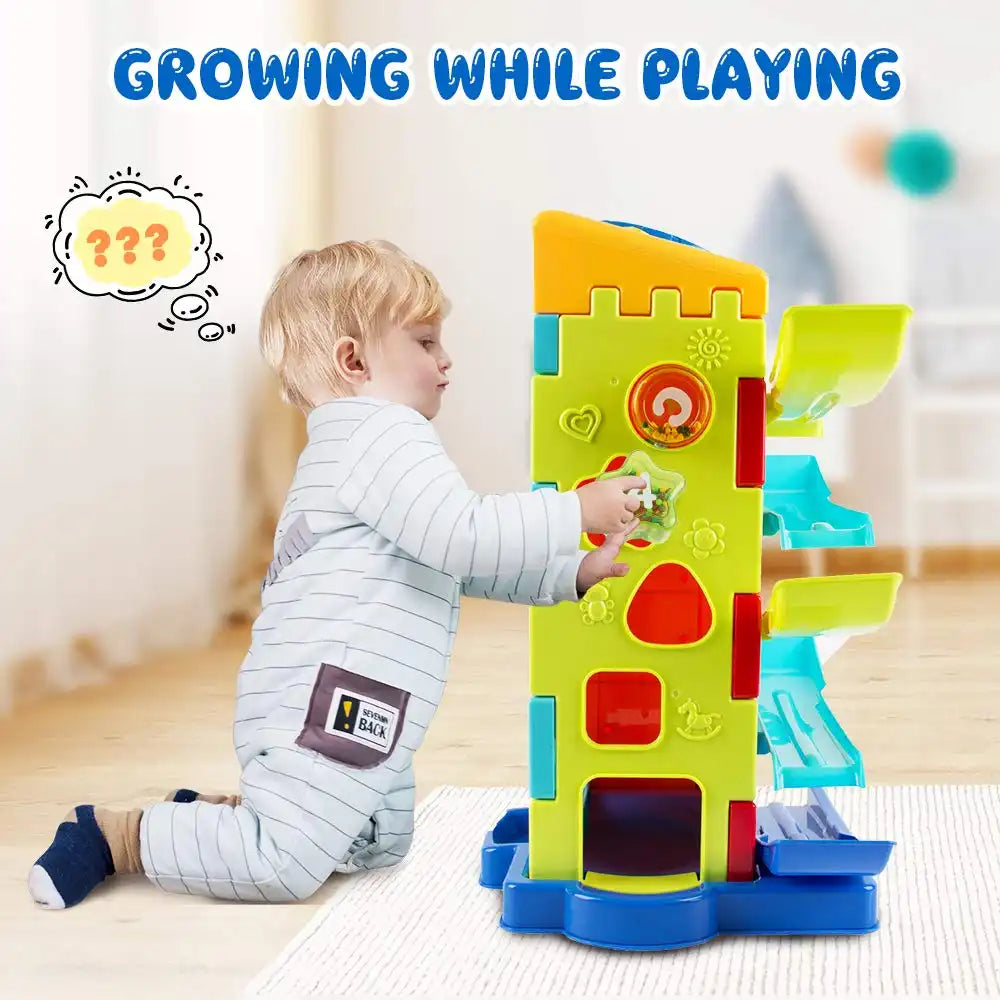 MEACAOFG 5-in-1 Activity Cube Toys, Race Car Ramp Track,Toddler Toys, Montessori Stem Educational Cars