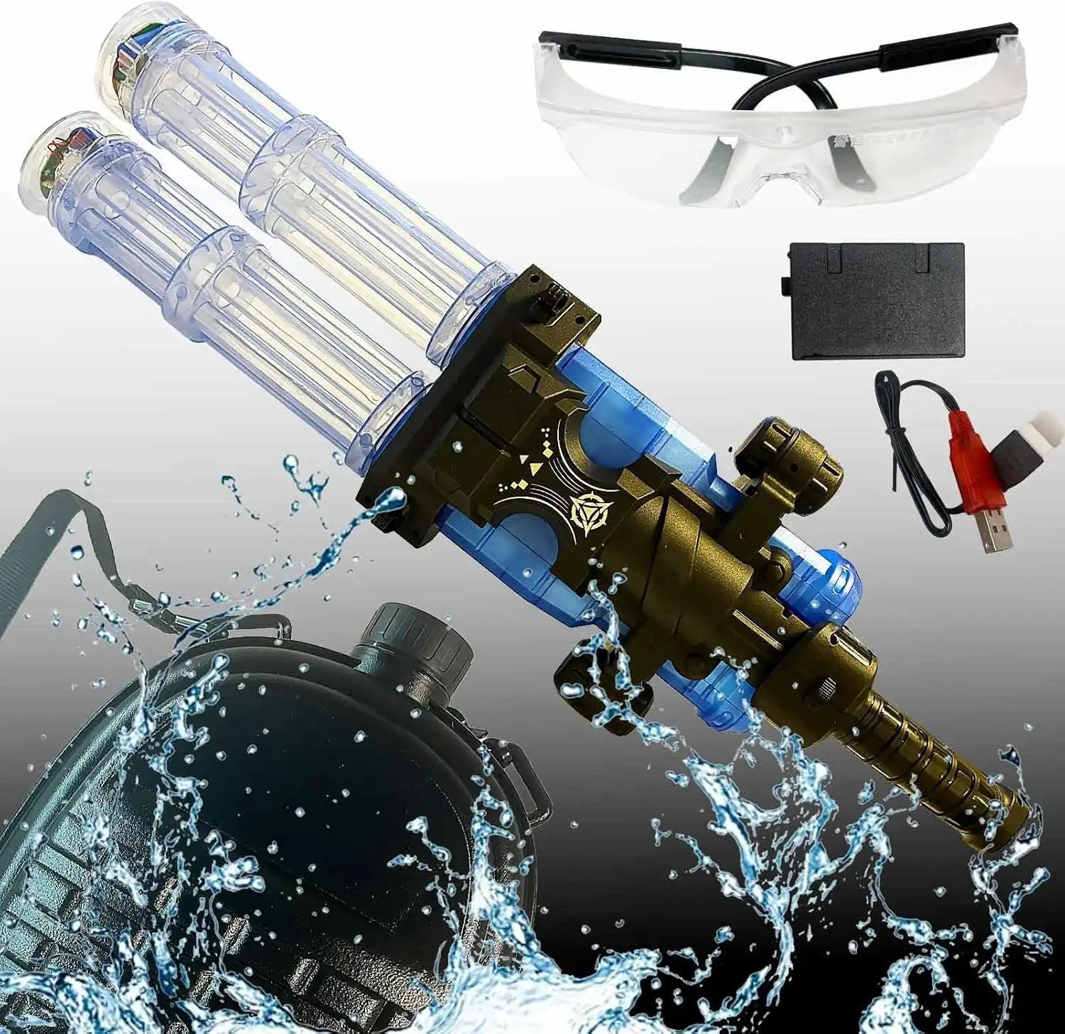 Double-Barrel Gatling Water Gun - Electric Automatic Soaker Blaster with Backpack Tank