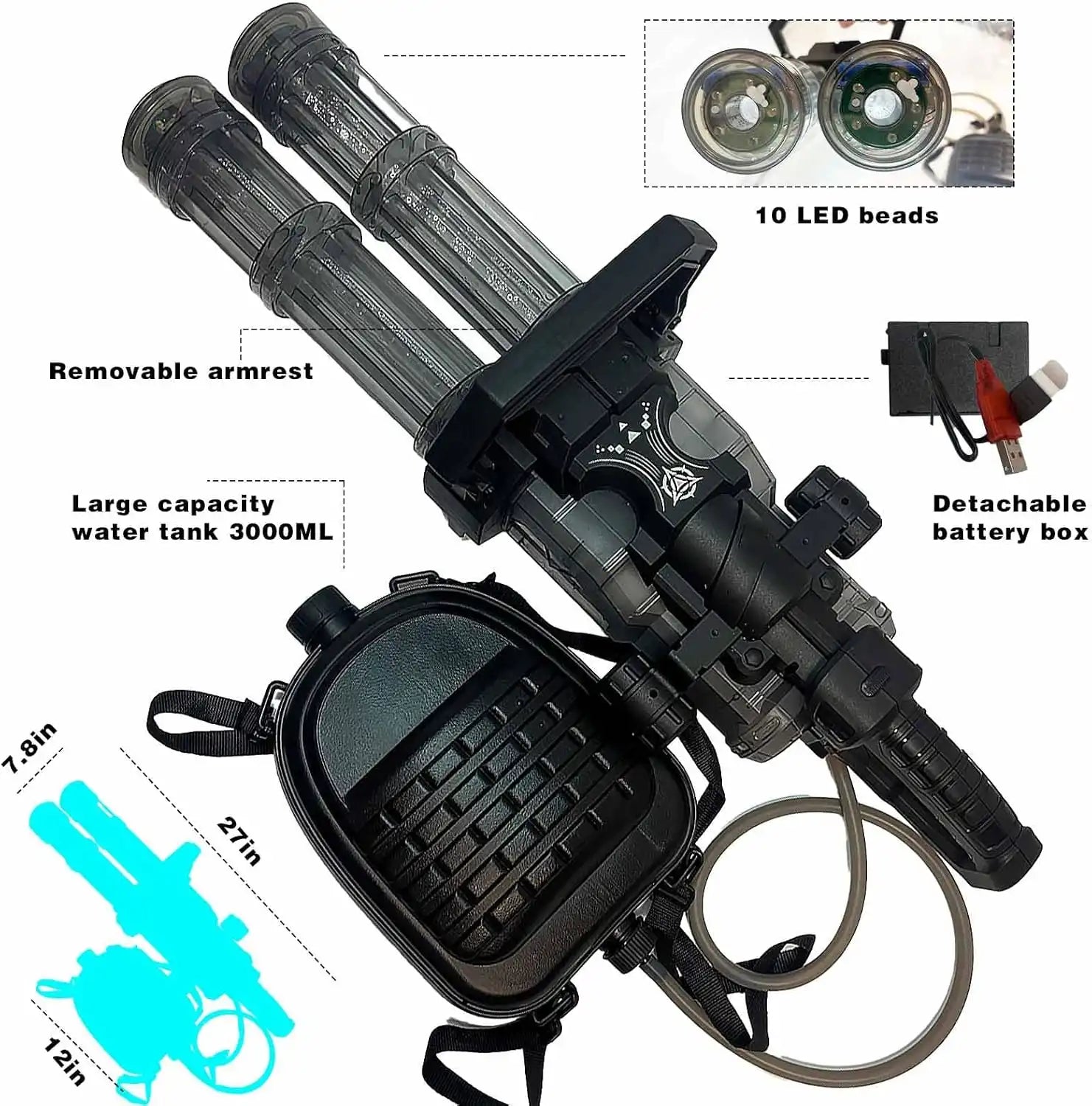 Double-Barrel Gatling Water Gun - Electric Automatic Soaker Blaster with Backpack Tank