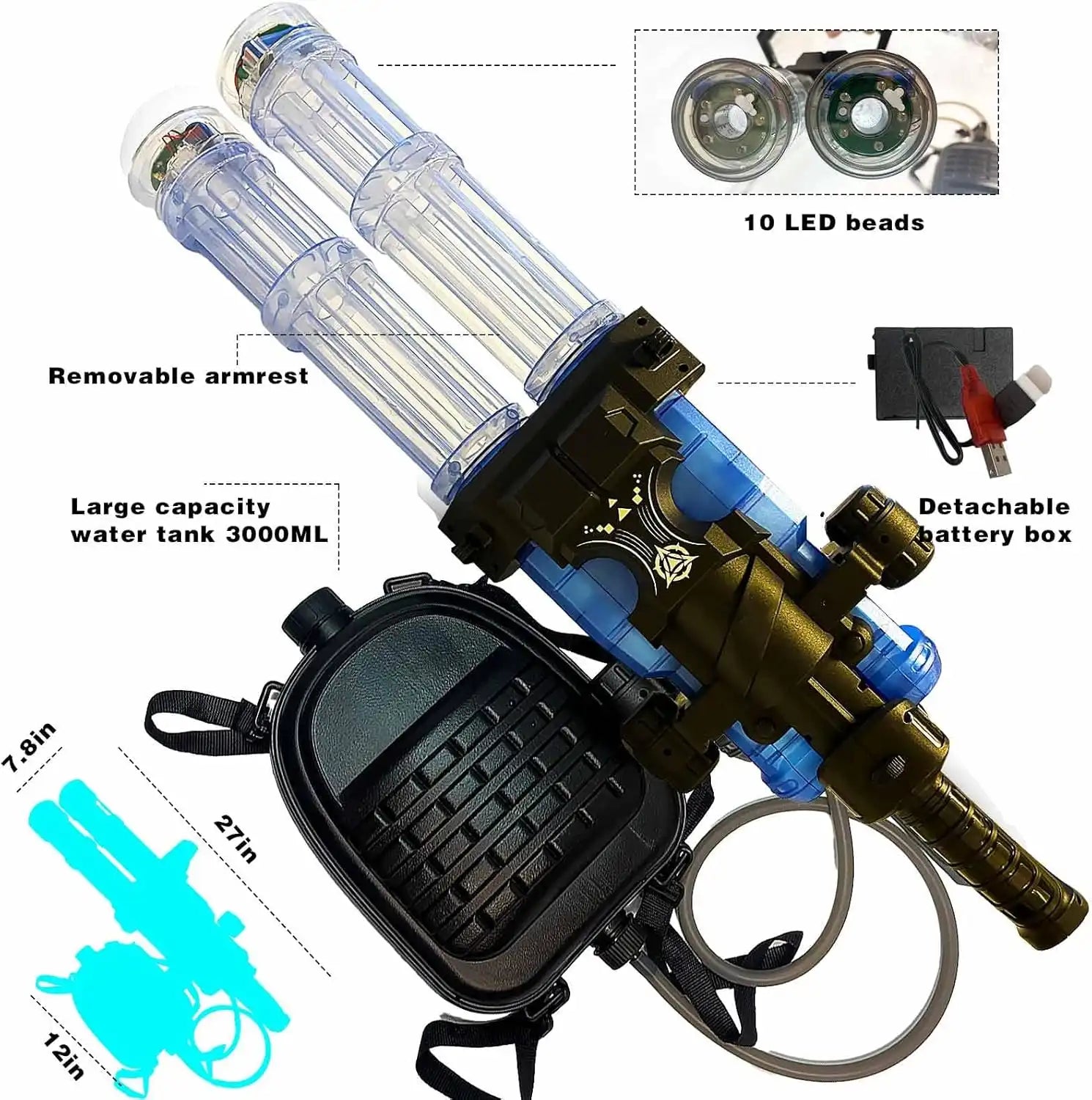 Double-Barrel Gatling Water Gun - Electric Automatic Soaker Blaster with Backpack Tank