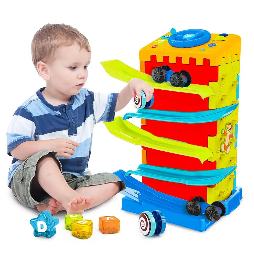 MEACAOFG 5-in-1 Activity Cube Toys, Race Car Ramp Track,Toddler Toys, Montessori Stem Educational Cars