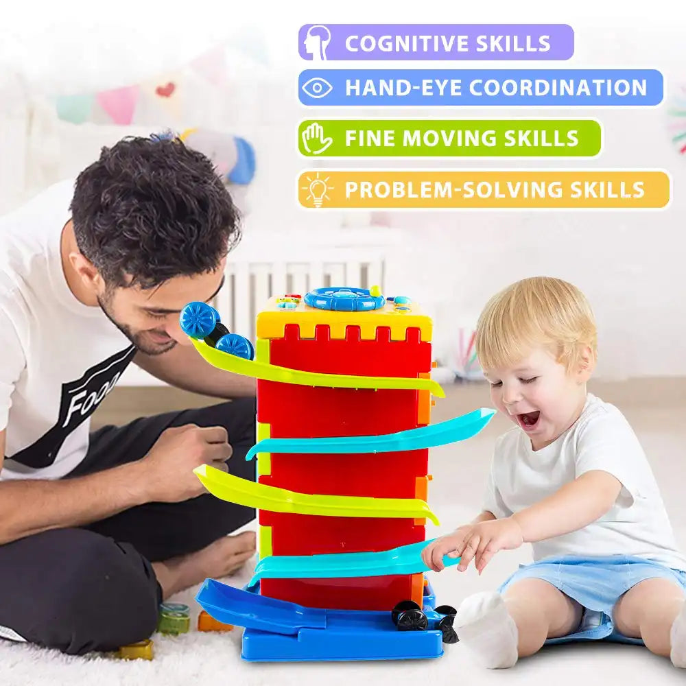 MEACAOFG 5-in-1 Activity Cube Toys, Race Car Ramp Track,Toddler Toys, Montessori Stem Educational Cars