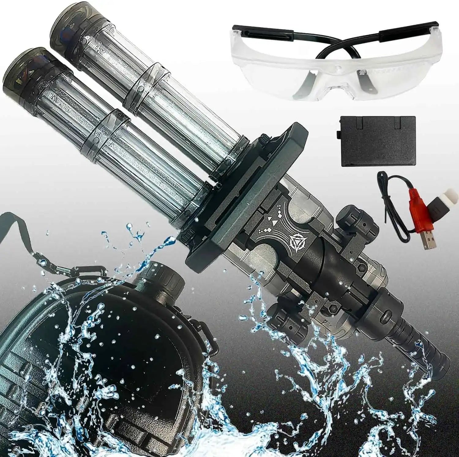 Double-Barrel Gatling Water Gun - Electric Automatic Soaker Blaster with Backpack Tank
