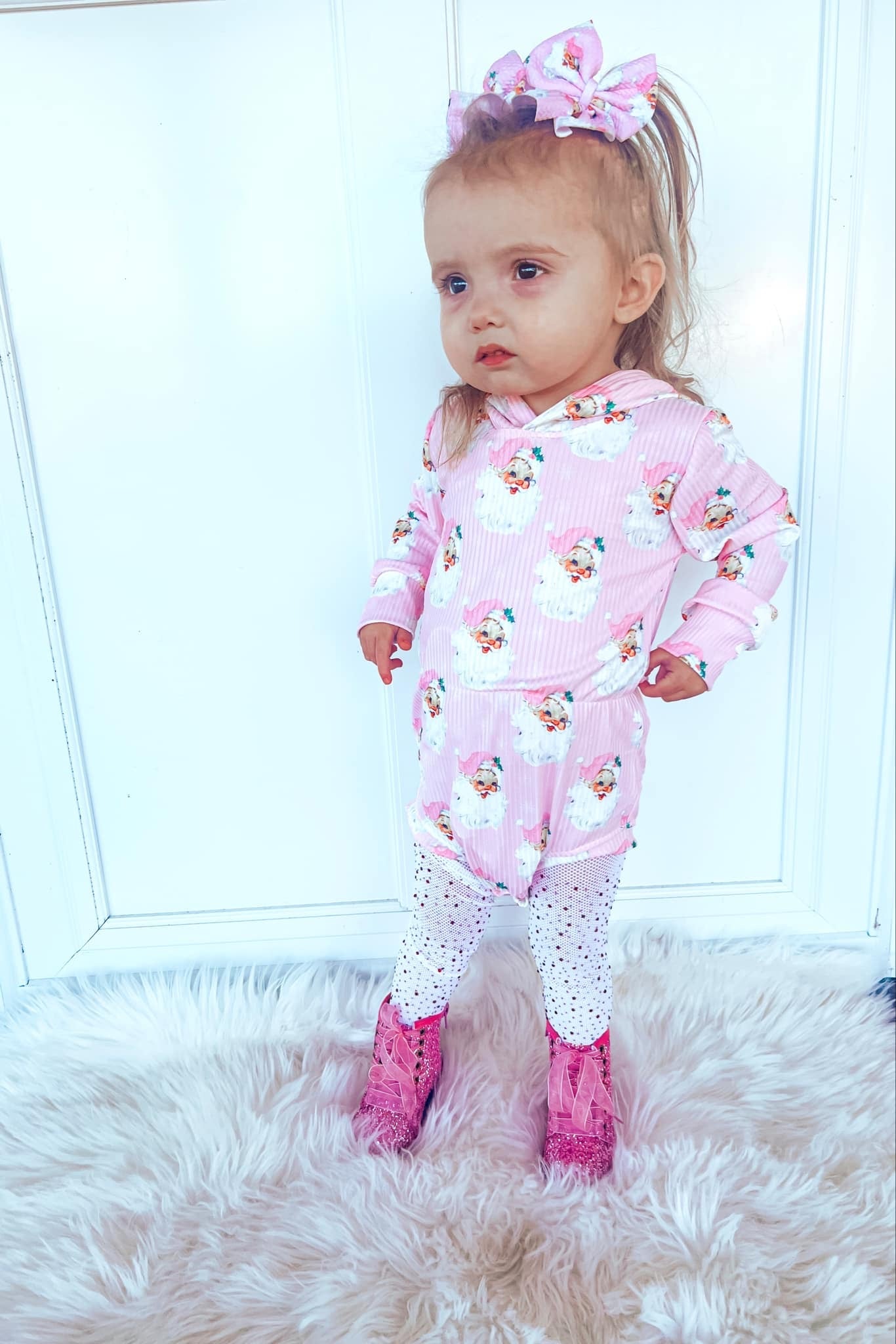 Pink santa Ribbed Hooded romper
