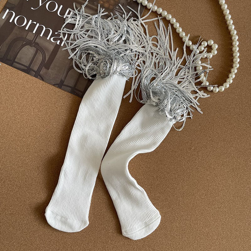 Sequin Tassle socks- white