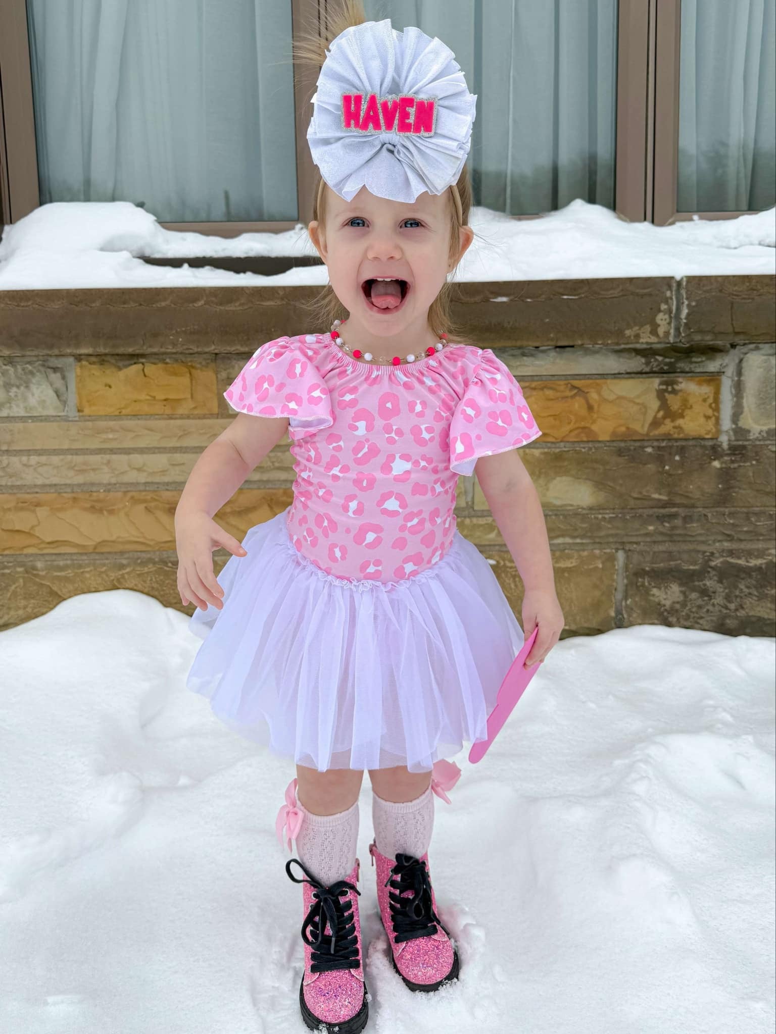 Pink leopard bow back leotard