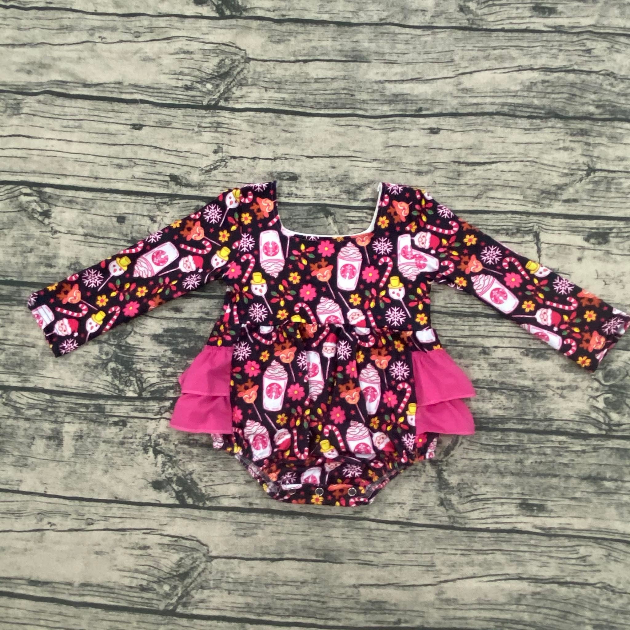 Pink Christmas coffee ruffle romper