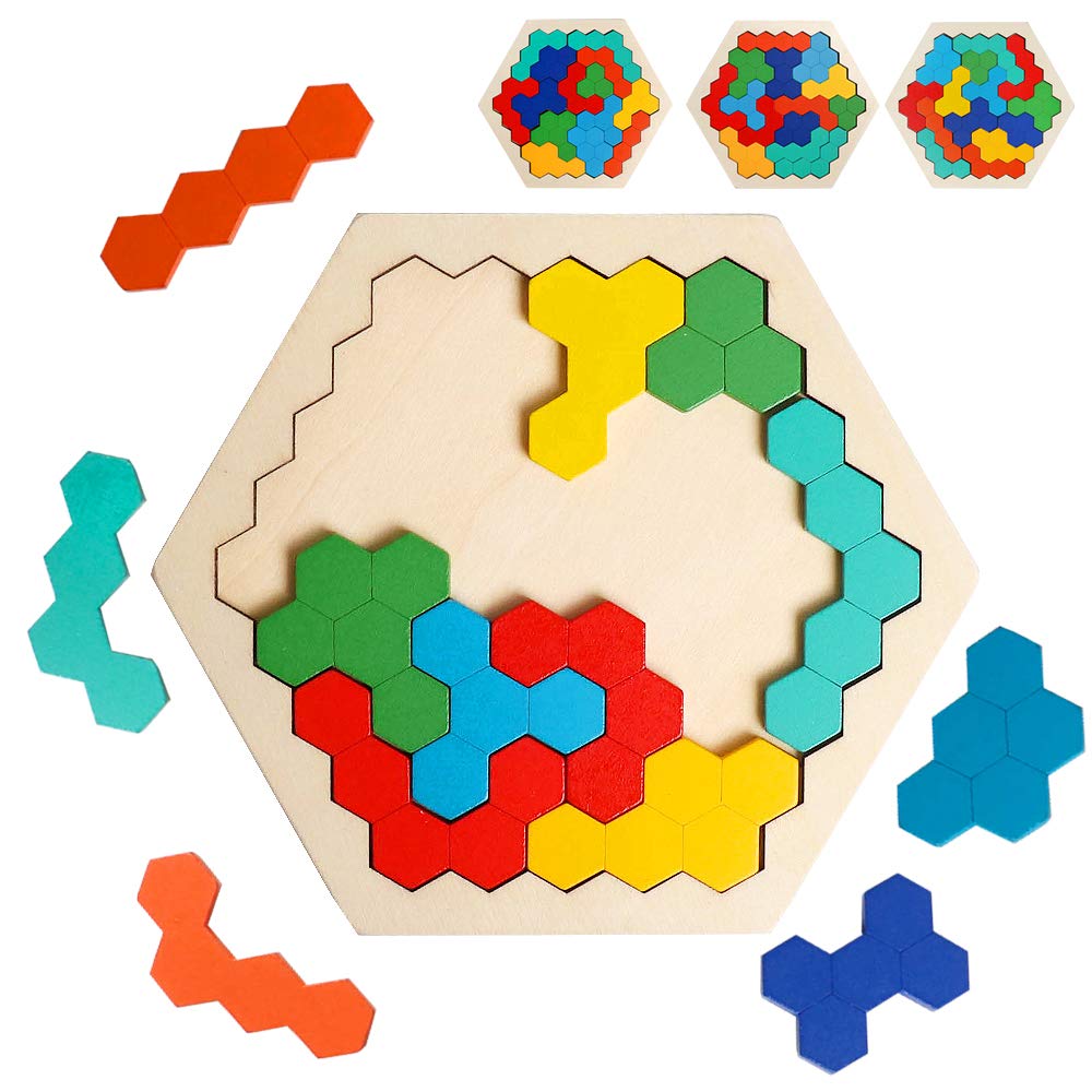 Wooden Hexagon Puzzle for Kid Adult Brain Teaser Puzzles Challenge Toy Shape Pattern Blocks Tangram Geometry Logic IQ Games STEM Montessori Educational Gift MEACAOFG