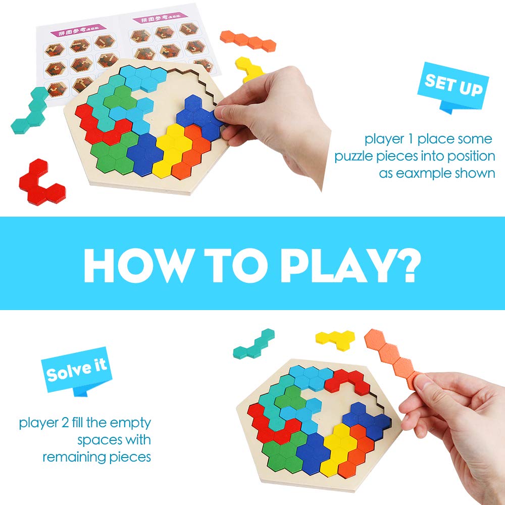 Wooden Hexagon Puzzle for Kid Adult Brain Teaser Puzzles Challenge Toy Shape Pattern Blocks Tangram Geometry Logic IQ Games STEM Montessori Educational Gift MEACAOFG