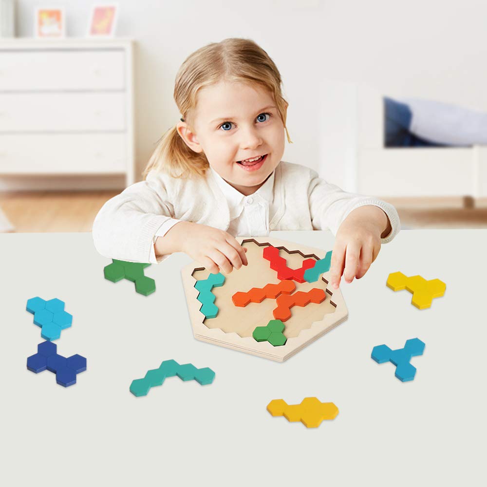 Wooden Hexagon Puzzle for Kid Adult Brain Teaser Puzzles Challenge Toy Shape Pattern Blocks Tangram Geometry Logic IQ Games STEM Montessori Educational Gift MEACAOFG